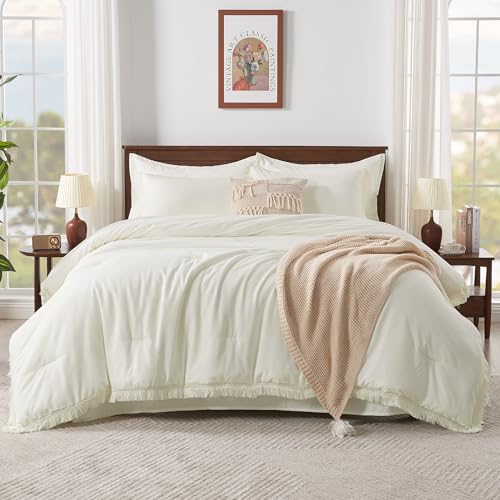 Image of Andency California King Size Comforter Set with Sheets Ivory - 7 Pieces Cal King Bed in a Bag Boho Bedding Sets, Ivory Bed Set with Comforter, Sheets, Pillowcases & Shams