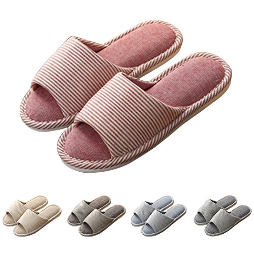 GaraTia House Slippers Open Toe Striped Memory Foam Cotton Washable for Men and Women White 8.5-9.5 B(M) US