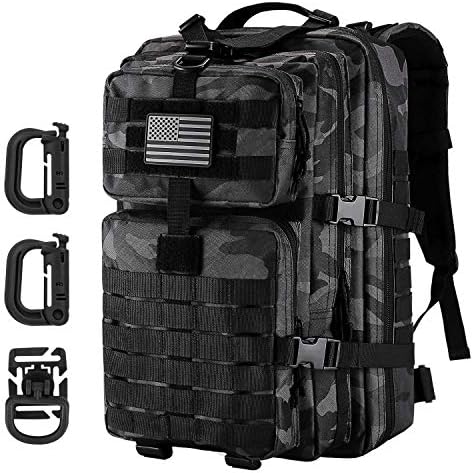 Hannibal Tactical MOLLE Assault Pack, Tactical Backpack Military Army Camping Rucksack, 3-Day Pack Trip w/USA Flag Patch, D-Rings, Black Camo
