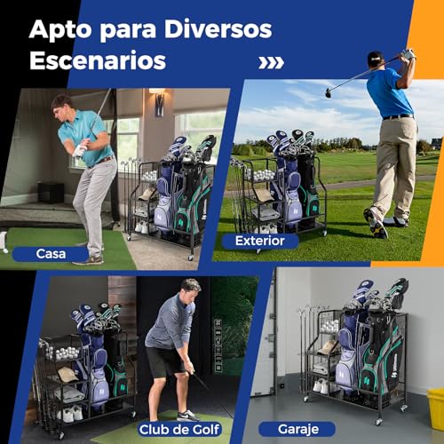 Miniatura 9 de Costway Organizador De Almacenamiento Para Palos De Golf, 3 Estantes Y 1 Cesta, Estante De Almacenaje Con Ruedas Extraíbles Para 2 Bolsas De Golf 6 Ganchos Para Accesorios De Equipos De Golf