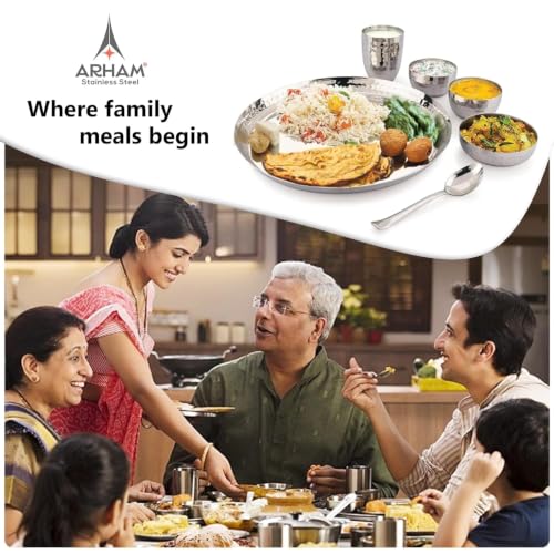 Image of Arham Stainless Steel Dinner Set | 36 Pcs (6 Set) | Premium Heavy Weight Hammered Dinner Set for Gift | 36Pcs Regular Size (6 Plate, 6 Halwa Plate,12 Bowl /Wati, 6 Glass, 6 Spoon) | Premium DinnerWare