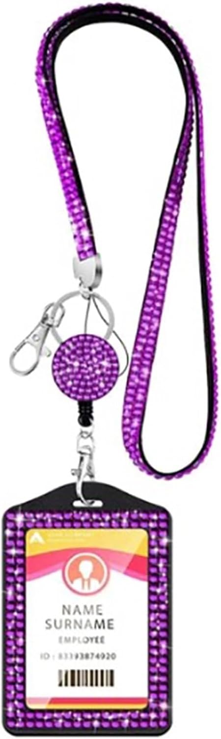 Badge Holder, Plastic Card Sleeves 3pcs Rhinestone Badge Holder ID Lanyard Bling Crystal Necklace Strap Protector Case Retractable Hanging Rope for Baseball Sports Cards(Purple-Riser Card)