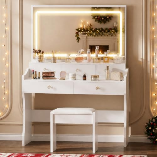 COMHOMA Vanity Desk with LED Lights Mirror & Power Outlet, Small Makeup Vanity Table Set with 5 Storage Drawers, 3 Lighting Modes & Adjustable Brightness, Dressing Table for Women Girls Bedroom, White by COMHOMA - Used condition - Image 9