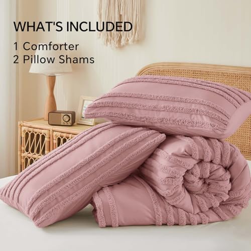 Image of BEDELITE Boho Comforter Set Queen Size, Dusty Pink Tufted Striped Bed Set 3 Pieces, Soft Vintage Farmhouse Comforter for All Seasons, Boho Home Decor,Fluffy Jacquard Bedding with 2 Pillow Shams