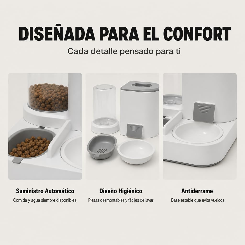 Comedero y Bebedero automático 2 en 1 para Gatos y Perros – Dispensador de Comida 2,2 L y Agua 1 L, diseño Compacto, Materiales Resistentes, Color Gris – Uso Diario en Interiores
