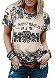 My Favorite Monsters Call Me Mom Shirt Women Halloween Bleached Tee Funny Saying Short Sleeve Letter Print Top (Large, As Shown)