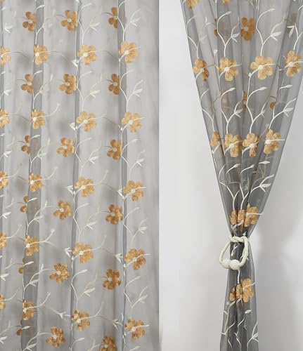 Image of Homefab India Embroidery Floral Net Transparent Sheer Curtain - 9X4 Feet, Long Door Curtains, Grey, Pack of 1 Pc