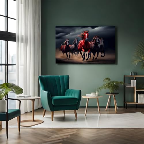 Image of Rangoli Seven Running Horses Wall Painting | Vastu-Inspired Canvas Art for Positive Energy | Framed 3D Artwork for Living Room, Office & Home Decor | Elegant Wall Decor Painting (12 x 18 Inch) (black)