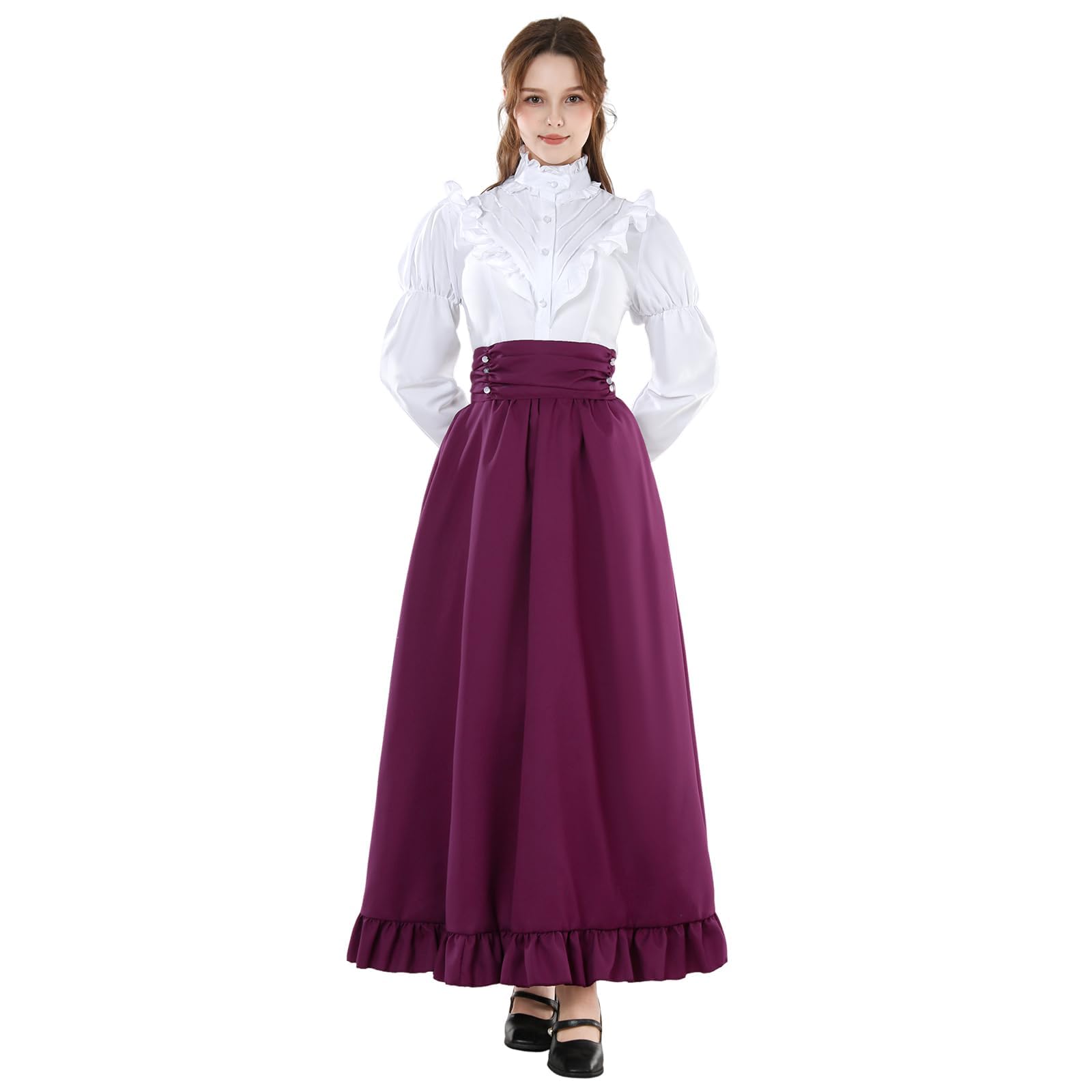Fiamll Vêtements médiévaux pour femme - Robe de Renaissance médiévale - 2 pièces avec chemisier et jupes