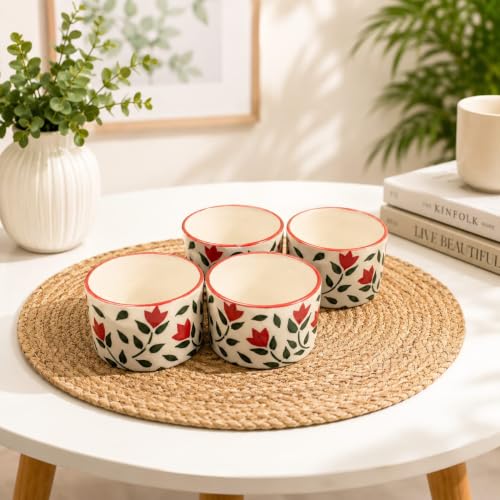 Image of Niyara Stoneware Handmade Ceramic Stylish Premium Bowls Serving Bowls Microwave Dishwasher Safe (red Leaf Small Bowls)