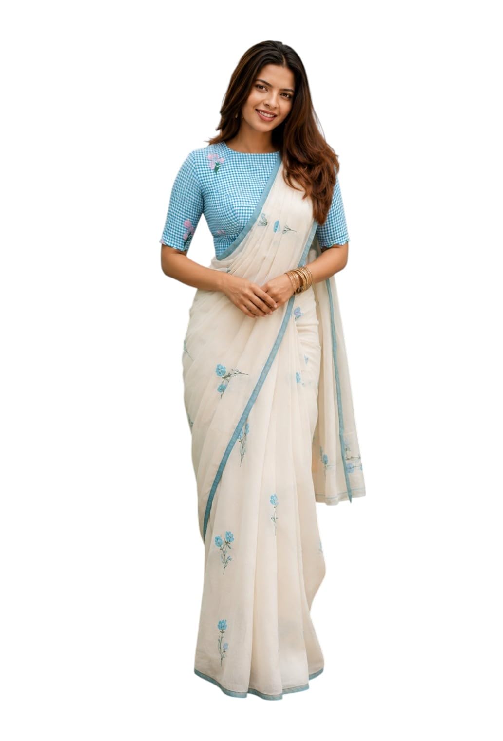 geetara Women's Elegant Off White Cotton Linen Saree | Blue Floral Embroidery | Sky Blue Border | Casual, Office-picture-40