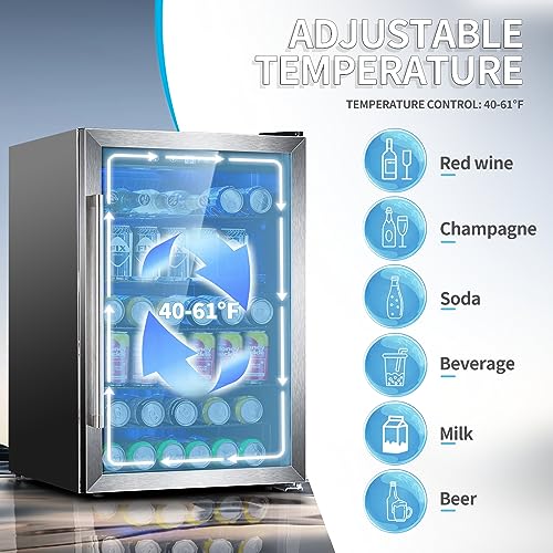 Antarctic Star Beverage Refrigerator,145 Can Mini Fridge,Freestanding wine cooler for Soda Beer or Wine,Glass Door, Small Drink Dispenser Machine, Touch Screen for Home Office or Bar, 4.5cu.ft.