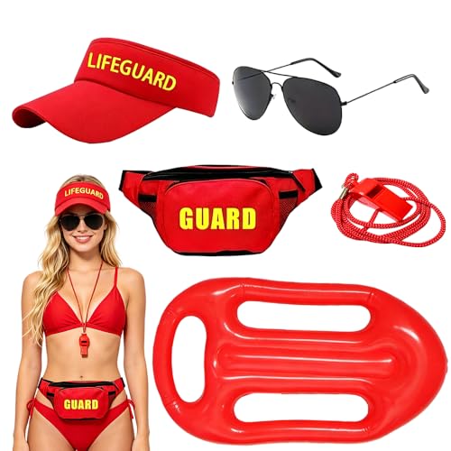 DAJASD Ensemble De Costume Sauveteur,5 Pièces Accessoires Sauveteur Avec Chapeau Sifflet Sac Banane Lunette De Soleil Et Bouée De Sauvetage,Nageur De...