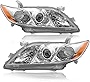 SOCKIR Halogen Headlight Assembly Compatible with 2007 2008 2009 Toyota Camry 4 Door Projector Replacement Headlamp Passenger and Driver Side Chrome Housing with Amber Reflector