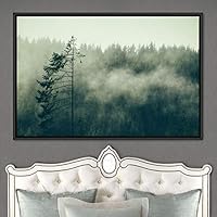 Framed Canvas Wall Art Foggy Mountains Aerial Cool Multicolor Nature Photography Realism Relax/Calm Rustic Wilderness - 16x24 inches