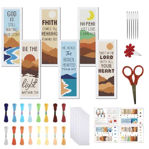 Image of FREEBLOSS 11CT 6 Set Cross Stitch Bookmark Kit Landscape Stamped Embroidery Bookmark Kit with Instructions 6 Back Felt Bookmarks Making Set for Adults Book Lovers, 8 inchx2.4 inch
