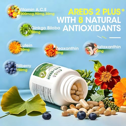 Eye + Brain Supplements for Memory and Focus, Lutein 40mg, Zeaxanthin, Astaxanthin, Bilberry, Lion’s Mane, Bacopa Monnieri, Ginkgo Biloba, 14 in 1 Eye Vitamins for Adults & Seniors 120 Capsules - Image 3