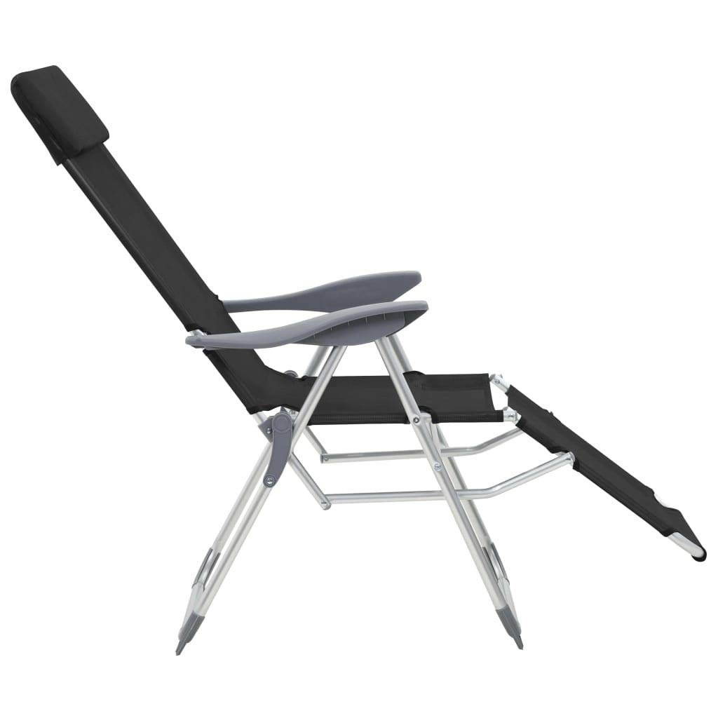 Klappbare Liegestühle mit Fußteil 2 STK. Schwarz Textilene, Verstellbare Campingliegen für Outdoor, Langlebige Aluminium Konstruktion und Atmungsaktives Gewebe