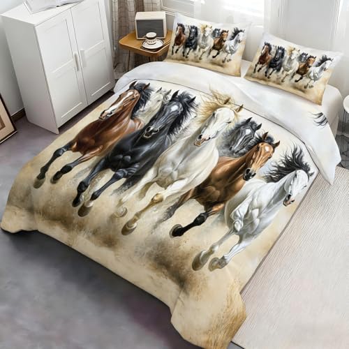 Juego de ropa de cama doble con diseño de caballo, funda de edredón doble, diseño de caballos occidentales, decoración de dormitorio, 3 piezas con 2 fundas de almohada y cierre de cremallera