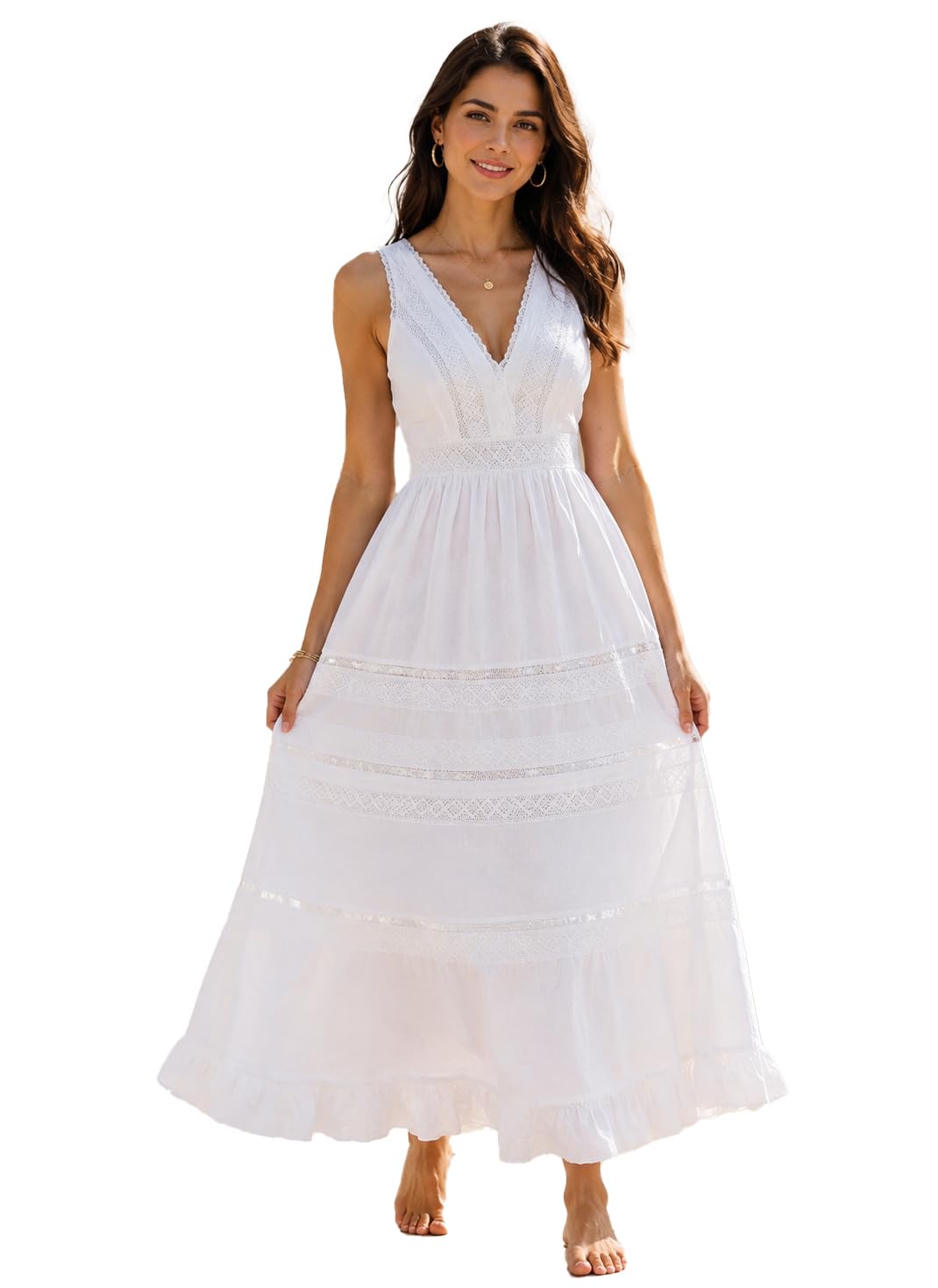 Women’s 100% Cotton White Maxi Dress | Sleeveless V-Neck Lace Detail Long Dress | Fit & Flare Summer Beach Holiday Casual Dress for Women-picture-23