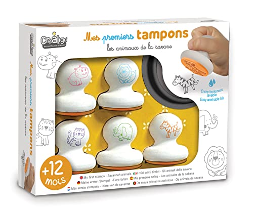 Créa Lign | Mes Premiers Tampons Animaux de la Savane | Coffret Créatif pour Tout-Petits dès 12 Mois | 5 Tampons en Mousse + 1 Encreur Lavable | Développe la...