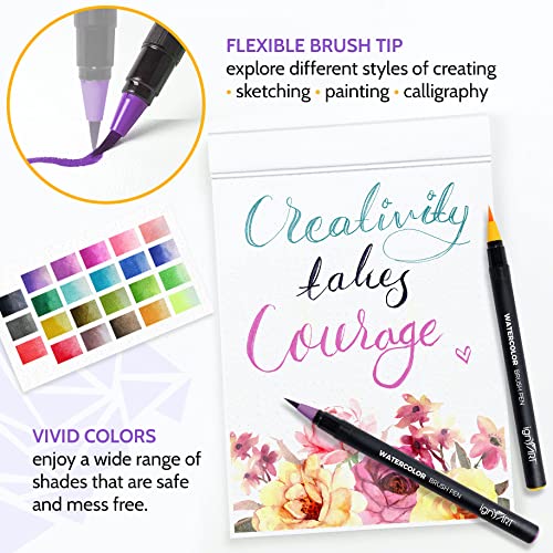 Ignart 33Pc Watercolor Brush Pens Set - With Desk Stand - 30 Flexible Nylon Tips Watercolor Brush Markers For Kids, Large Paper Pad, Premium Water Brush, Fine Art Pen, White Pen And Training Videos #TOP2