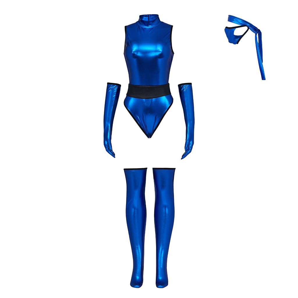 RocailleCos Mortal MK Kitana Cosplay Costume Female Sexy Blue Jumpsuit Kombat Suit with Mask Ninja Fighter Outfit - M