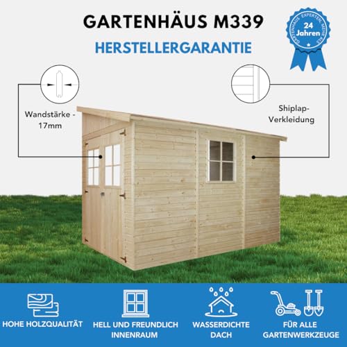 Holz Gartenschuppen (ohne Seitenwand) - Abstellkammer mit Fenstern - H244x211x318 cm/6 m2 Naturholz-Shiplap-Schuppen - Gartenwerkstatt - Fahrrad- Geräteschuppen TIMBELA M339