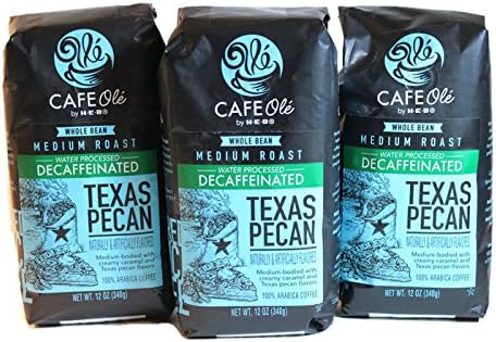 HEB Cafe Ole Whole Bean Coffee 12oz Bag (Pack of 3) (Decaf Texas Pecan - Medium Dark Roast (Full City))