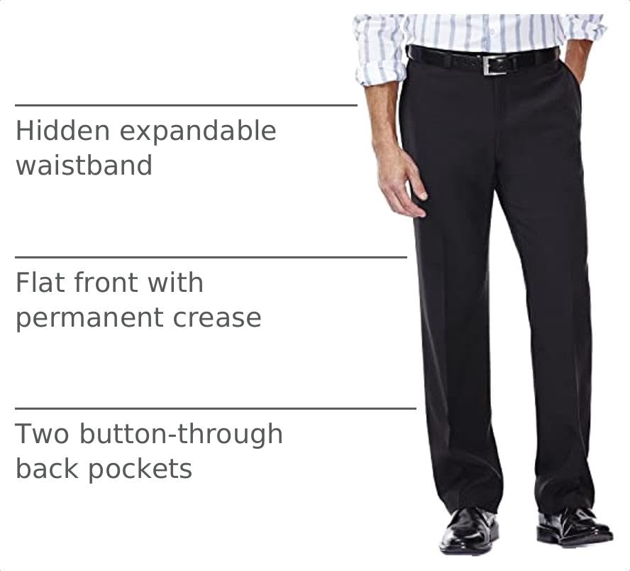 Haggar Mens ECLO Stria Expandable-Waist Plain-Front Dress Pants, Black, 44W x 30L US - image 4