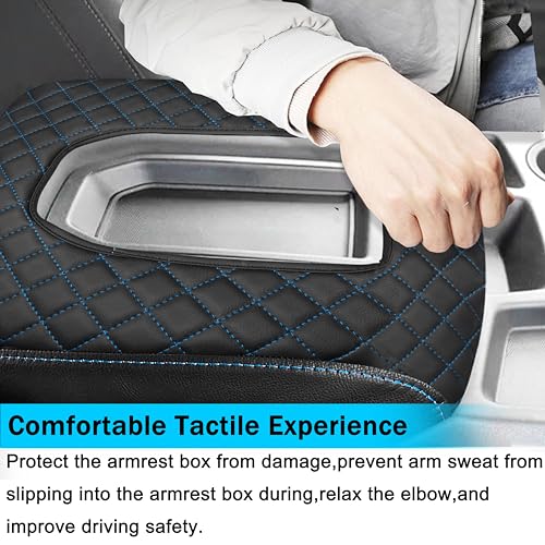 SENSHINE Center Console Cover for Chevy Silverado/GMC Sierra Accessories 2019-2023 2024 2025 2026 Armrest Cover Anti-Scratch Leather Arm Rest Box Protective Pad Only Jump Seat (Blue Stitches) by SENSHINE - Used condition - Image 2