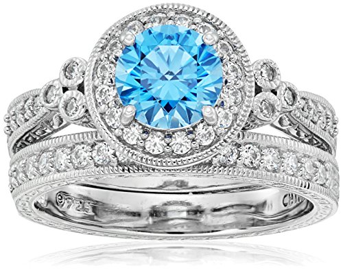 Amazon Collection Platinum-Plated Sterling Silver Fancy Blue Antique Rings set made with Swarovski Zirconia, Size 5