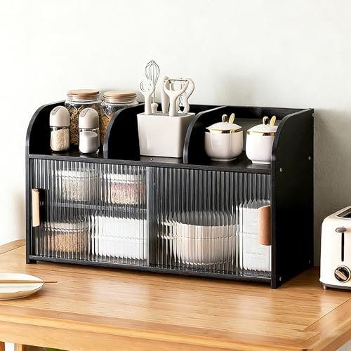 Armario de bambú de 2 niveles, armario de almacenamiento de cocina, aparador de despensa, con puertas de armario y estantes extraíbles, panera de doble capa para dormitorio, sala de estar, comedor