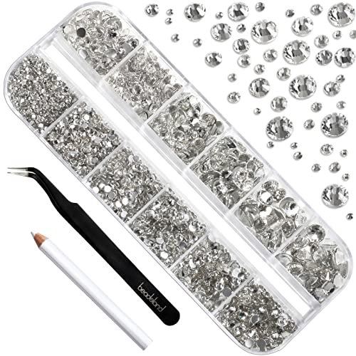 Beadsland 2500pcs Nailart Flatback Rhinestones Crystal Flatback Gems Round Crystal Rhinestones for Crafts Mixed 8 Sizes SS4~SS30 with Picking Tweezer and Pen (Clear)