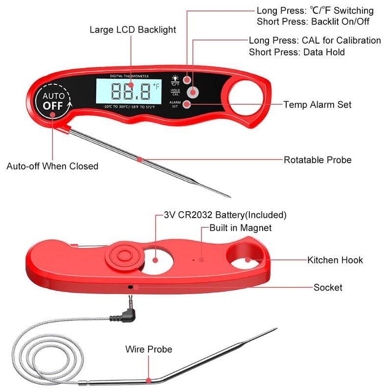 Miniatura 7 de Termómetro digital de carne, termómetro de lectura instantánea para alimentos con doble sonda, pantalla LCD retroiluminada, función de calibración,