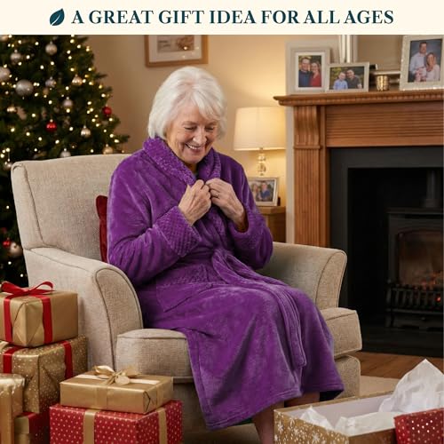 Image of PAVILIA Women's Plush Fleece Robe, Soft Cozy Long Bathrobe with Satin Waffle Trim, Warm Lightweight, Pockets & Tie Belt