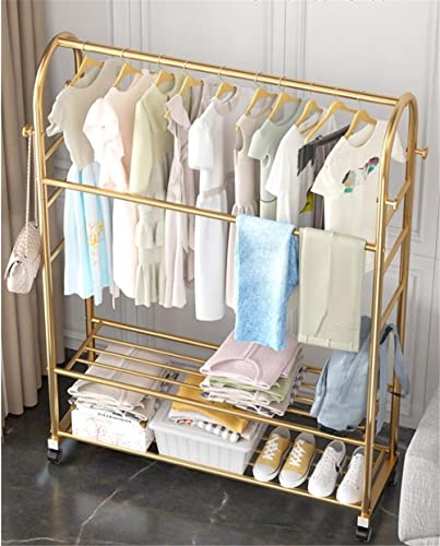 Présentoir à vêtements doré sur roulettes avec double support à chaussures en métal