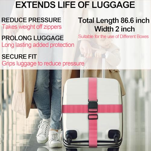 Image of Luggage Strap and Tag Set (4 Pack 2 Tags 2 Climbing Buckles) Keeps Cargo Safe with Adjustable Travel Packing Strap with A Packing Width of 2 Inches and A Length of 86.6 Inches (Pink)