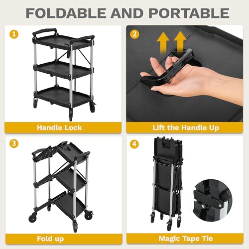 Image of DWVO 3-Tier Foldable Service Cart with Swivel Wheels & Brake, 350LBS | Folding Utility Cart Heavy Duty Collapsible Rolling Cart, 350LBS Portable Utility Cart for Kitchen, Warehouse, Garage