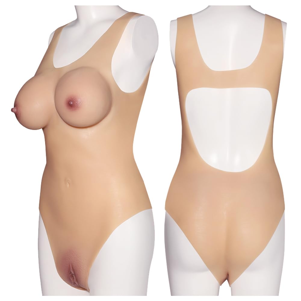 Realistische Silikon Brüste Mit Simulierte Vagina Silikon Dreieck-Body Bodysuit Vagina-Unterwäsche für Transgender, Crossdresser, Drag Queen, Cosplay Bodysuit Sexspielzeug für Männer Solo(F-Cup)