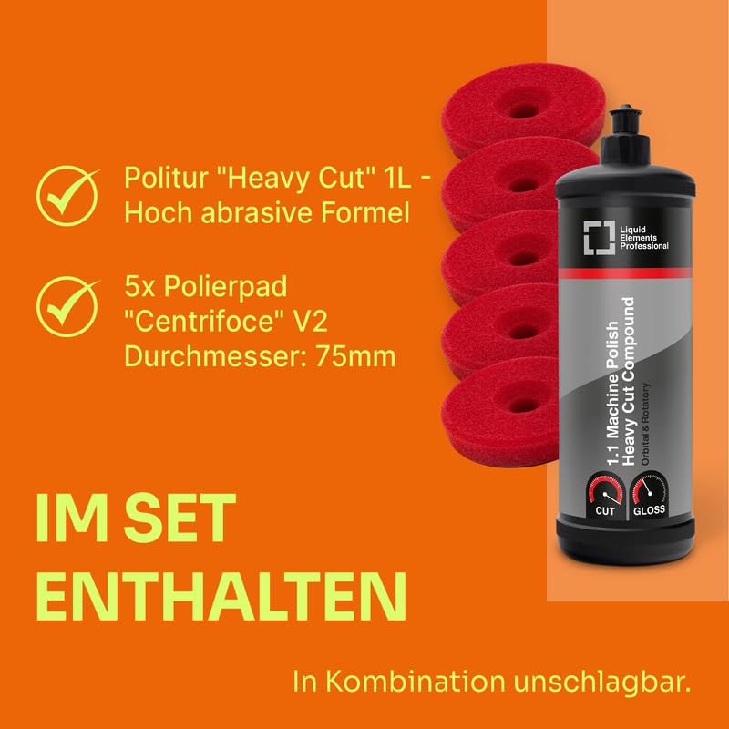 Liquid Elements Autopolitur Heavy Cut Compound 1L, inkl. 75mm Pad | Polierpaste für Autolacke, Lackaufbereitung Komplettset, Centriforce V2 Polierschwamm, ideal für alle Poliermaschinen