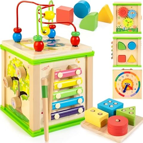WOODMAM Wooden 7-in-1 Activity Cube| Montessori Toys for 1 2 3 Year Old Toddlers| Baby Educational Developmental Toys |One Year Old Boys Girls First Birthday Gifts |Bonus Sorting & Stacking Board Cover