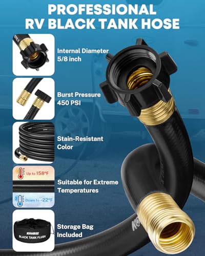 Image of Kohree 15Ft RV Black Water Hose for RV Camper, 5 /8 inch Premium Camper Sewer Hose with No Kink Design, Clean-Out Grey Water Tanks & More, Black Tank Flush Kit with Storage Bag