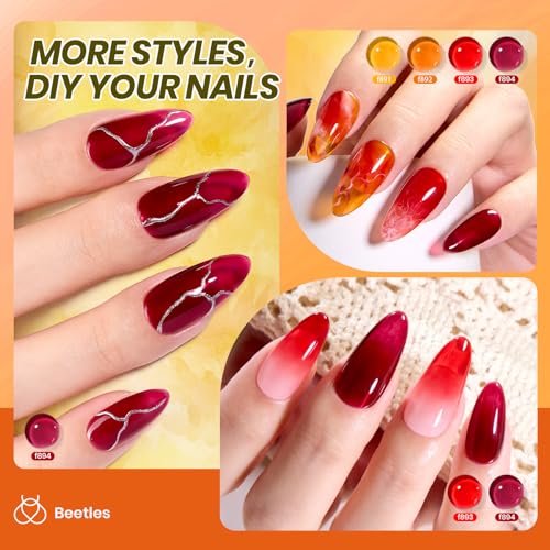 Image of Beetles Jelly Gel Nail Polish Set - 6 Colors Jelly Gel Polish Kit Yellow Orange Burgundy Red Purple Green Sheer Translucent Soak off UV Nail Art Manicure Gift for Women