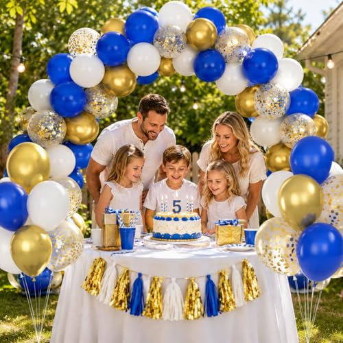 Image of Balloons Royal Blue White Gold Balloons for Graduation Decorations Metallic Chrome Gold Confetti 12inch Dark Deep Blue White Latex Balloon for Birthday Party Anniversary Baby Shower