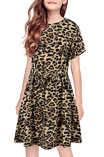 GORLYA Girl's Short Sleeve Tie Waist Casual Swing Midi T-Shirt Dress with Pockets for 4-14T Kids