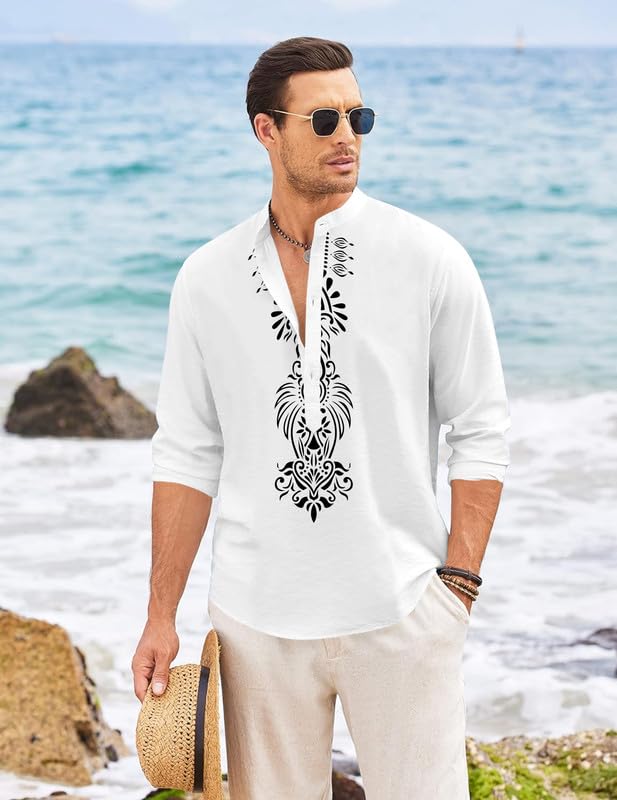 Image of FINIVO FASHION Men's Cotton Blend Short Kurta with Bold Printed Front Design | Full Sleeve Ethnic Casual Kurta with Mandarin Collar | Artistic Festival & Travel Wear for Modern Ethnic Style