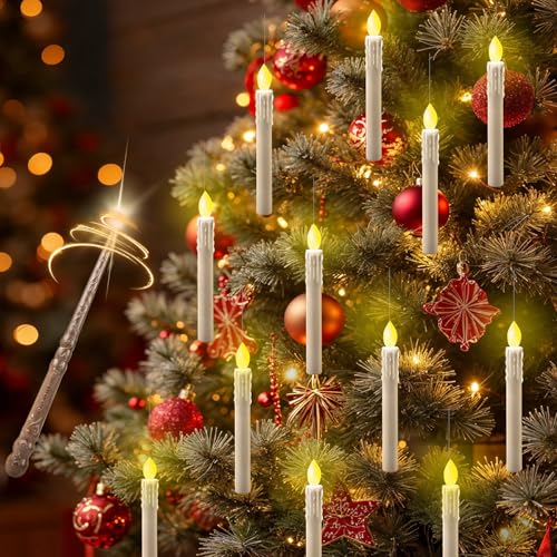 12 Pcs Floating Flameless Candles with Magic Wand Remote, Battery Operated Taper Flickering Hanging Decorative Candles for Theme Party Daily Home Decor Magic Lovers