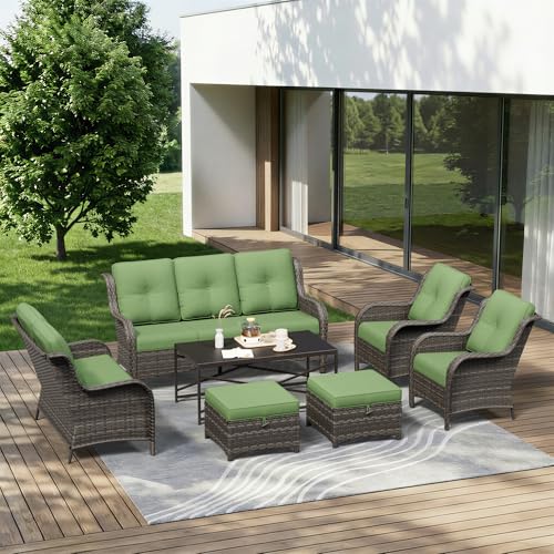 Image of 7 Piece Outdoor Wicker Patio Furniture Set, Patio Chairs Set with Thickened Olefin Cushions, High Back and Deep Seating, Hand-Woven PE Rattan, Ottoman for Porch, Deck