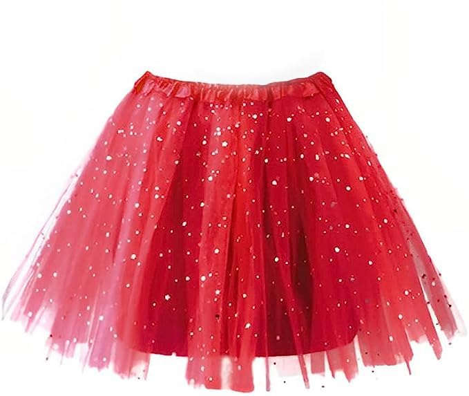 MUNDDY - Tutu Elástico tule 3 camadas 40 cm de comprimento para adultos diferentes cores saia disfarce balé, Vermelho com estrelas, Talla única